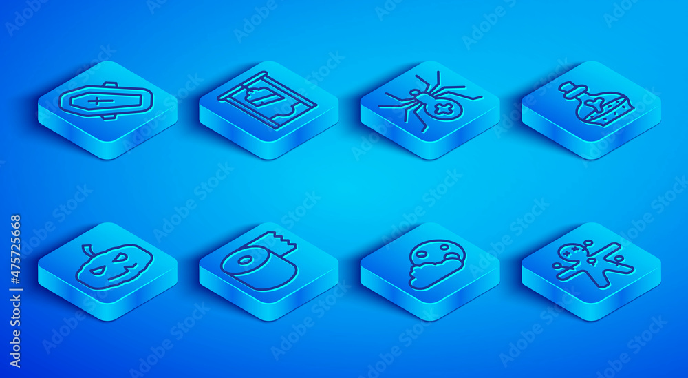 Set line Coffin with cross, Guillotine, Spider, Toilet paper roll, Moon and stars, Bottle potion, Pumpkin and Voodoo doll icon. Vector Set line Coffin with cross, Guillotine, Spider, Toilet paper roll, Moon and stars, Bottle potion, Pumpkin and Voodoo doll icon. Vector