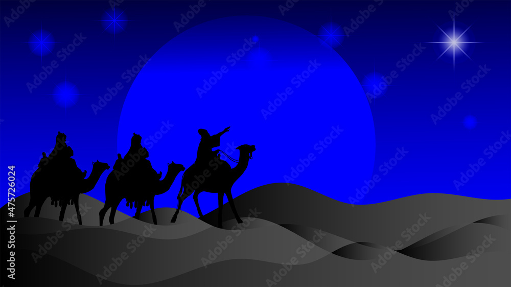 vector illustration, 3 wise men with camels in the desert, for banner background etc