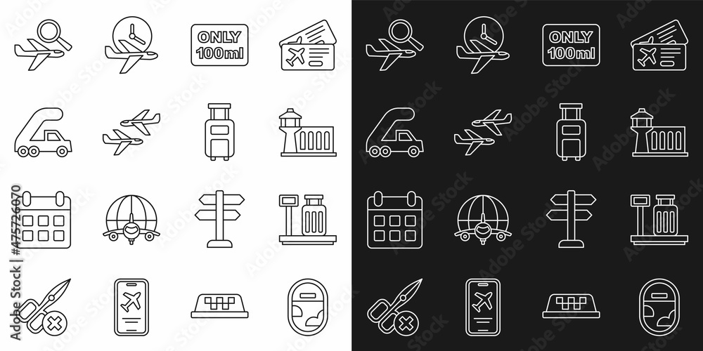 Set line Airplane window, Scale with suitcase, Airport control tower, Liquids carry-on baggage, Plane, Passenger ladder for boarding, search and Suitcase icon. Vector