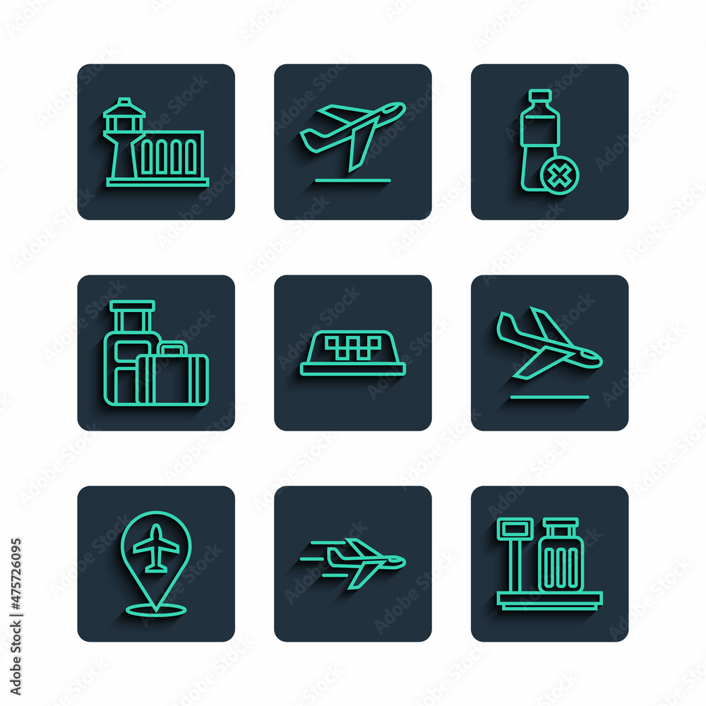 Set line Plane, Scale with suitcase, No water bottle, Taxi car roof, Suitcase, Airport control tower and landing icon. Vector Set line Plane, Scale with suitcase, No water bottle, Taxi car roof, Suitcase, Airport control tower and landing icon. Vector