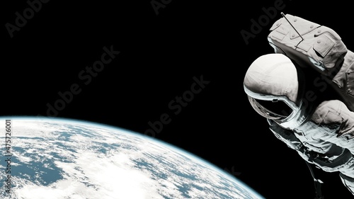 3d  illustration Astronaut spaceman spacewalk working space station outer wear spacesuit NASA planet earth small blue cloud