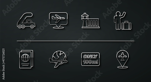 Set line Passenger ladder for plane boarding, Passport, Tourist with suitcase, Liquids carry-on baggage, Globe flying, Plane, and Airport control tower icon. Vector