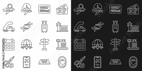 Set line Airplane window, Scale with suitcase, Airport control tower, Liquids carry-on baggage, Plane, Passenger ladder for boarding, search and Suitcase icon. Vector