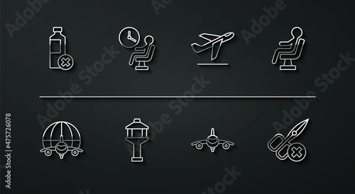 Set line No water bottle, Globe with flying plane, Human waiting airport terminal, Plane, Airport control tower, scissors and takeoff icon. Vector