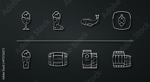 Set line Glass of beer, Hop, Beer can, Wooden barrel, Boot glass, and Dried fish icon. Vector