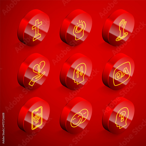 Set line Graves funeral sorrow, Anger, Helping hand, Broken heart divorce, Solution to the problem, Question Answer, Psychologist online and Comedy tragedy masks icon. Vector