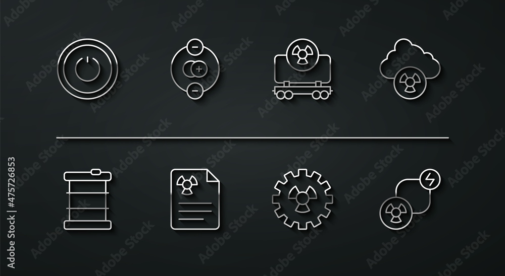 Set line Power button, Radioactive waste in barrel, Acid rain and radioactive cloud, Radiation warning document, Atom, exchange energy and cargo train icon. Vector