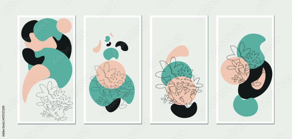 vector illustration 4 types abstract shape plant and flowers art design for print, background, cover, wallpaper, minimalist and natural wall art.