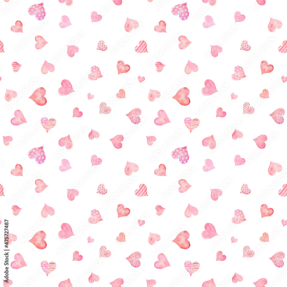 Watercolor seamless pattern with hearts isolated on white background. Hand drawn watercolor illustration.