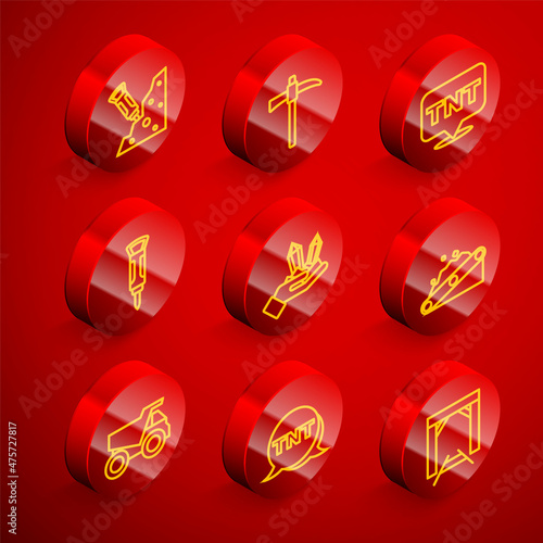 Set line Construction jackhammer, Pickaxe, Dynamite, Gem stone, Conveyor belt carrying coal, Mining dump truck and icon. Vector