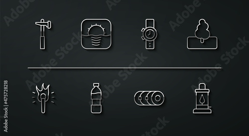 Set line Hammer, Torch flame, Tree, Blanket roll, Bottle of water, Sunrise, Camping lantern and Wrist watch icon. Vector