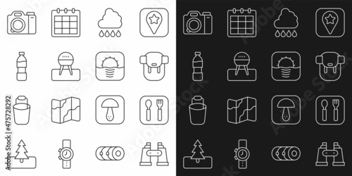 Set line Binoculars, Fork and spoon, Hiking backpack, Cloud with rain, Barbecue grill, Bottle of water, Photo camera and Sunrise icon. Vector