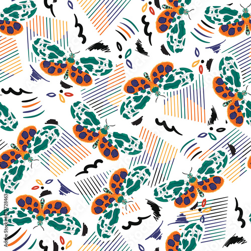 Trendy Modern Butterfly insect with colourful lines and brush strokes seamless pattern ,Design for fashion , fabric, textile, wallpaper, cover, web , wrapping
