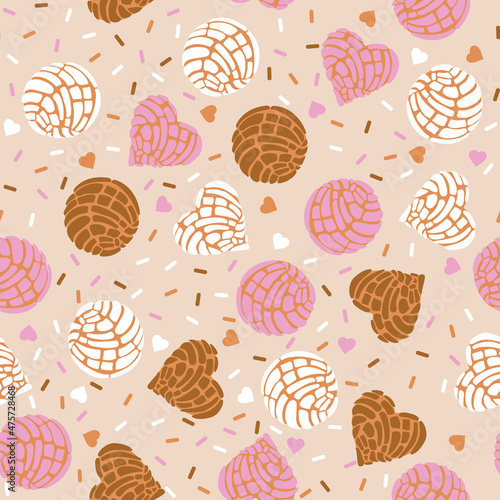 Cute Mexican cookies Concha ,Traditional Mexican Bread,seamless pattern Vector Illustration, Design for Valentines ,fashion , fabric, textile, wallpaper, cover, web , wrapping