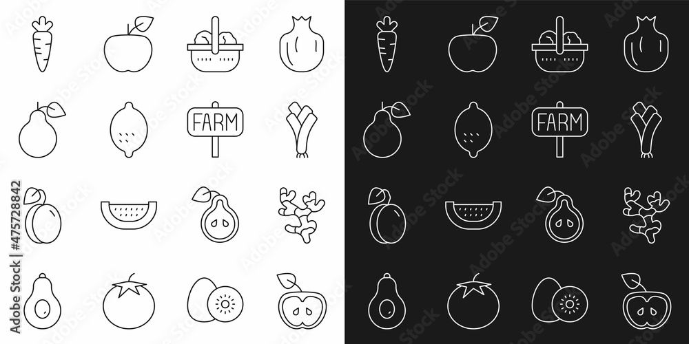 Set line Apple, Ginger root, Leek, Basket and food, Lemon, Pear, Carrot and Location farm icon. Vector Set line Apple, Ginger root, Leek, Basket and food, Lemon, Pear, Carrot and Location farm icon. Vector