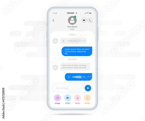 Chat UI Application design concept, Social template messenger communication service screen template, Mobile phone live chat boxes, Smartphone online app screen, Video Call, Vector illustration, UX UI