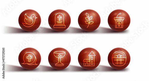Set line Dove, Christian cross, Church sermon tribune, building, chalice, Grave with tombstone, Basket easter eggs and Willow leaf icon. Vector