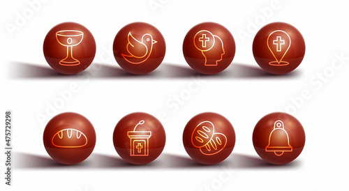 Set line Christian chalice, bread, Location church building, Church sermon tribune, Dove, bell and Priest icon. Vector