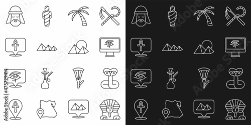 Set line Sphinx, Snake, Eye of Horus on monitor, Tropical palm tree, Egypt pyramids, Cross ankh, Egyptian man and icon. Vector