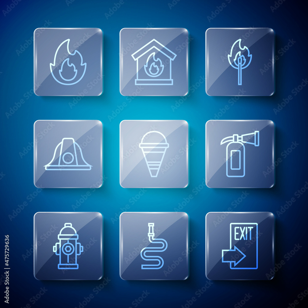 Set line Fire hydrant, hose reel, exit, Burning match with fire, cone bucket, Firefighter helmet, flame and extinguisher icon. Vector Set line Fire hydrant, hose reel, exit, Burning match with fire, cone bucket, Firefighter helmet, flame and extinguisher icon. Vector