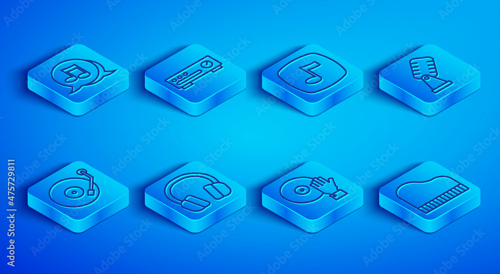 Set line Music note, tone, Sound mixer controller, Headphones, DJ playing music, Microphone, Vinyl player and Grand piano icon. Vector Set line Music note, tone, Sound mixer controller, Headphones, DJ playing music, Microphone, Vinyl player and Grand piano icon. Vector