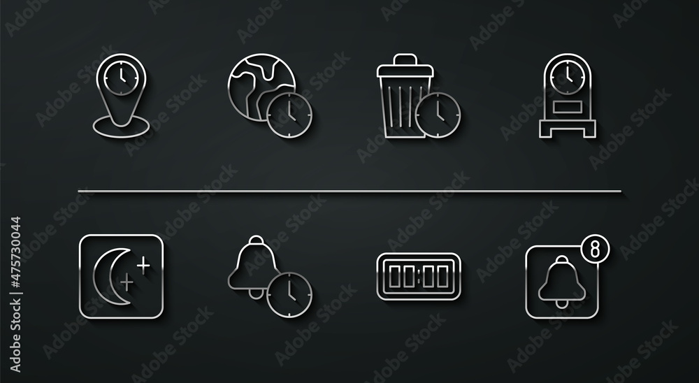 Set line Time zone clocks, Moon and stars, Antique, Digital alarm, Alarm, World time, app mobile and Waste of icon. Vector