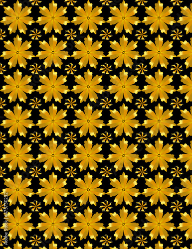 Golden Geometric flowers pattern on solid black color background