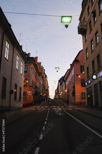 Colourful empty street in the evening in Södermalm, south Stockholm, Sweden.