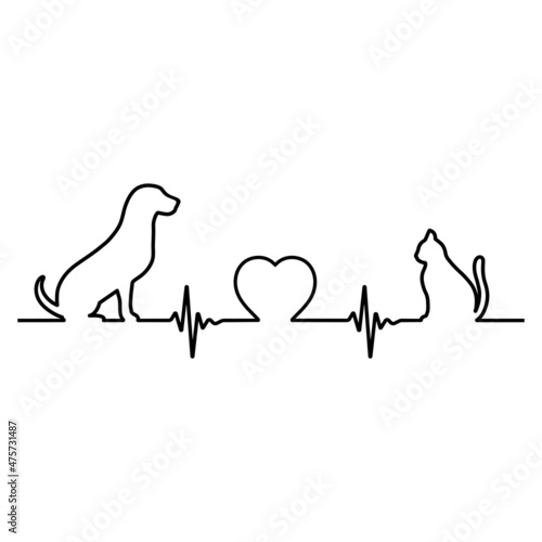 Illustration of a dog and a cat with a pulse and heart on a white background