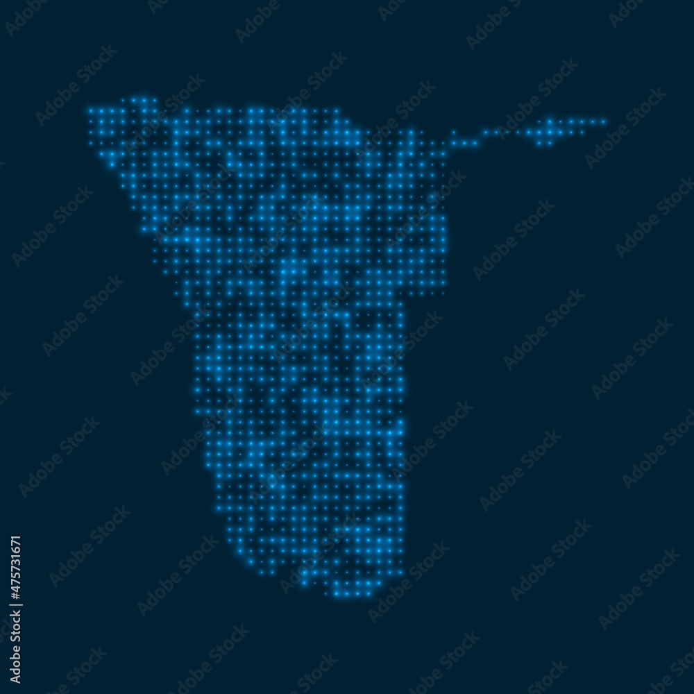 Namibia dotted glowing map. Shape of the country with blue bright bulbs. Vector illustration.