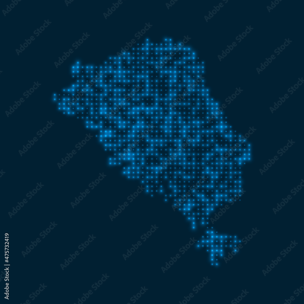 Colon Island dotted glowing map. Shape of the island with blue bright bulbs. Vector illustration.