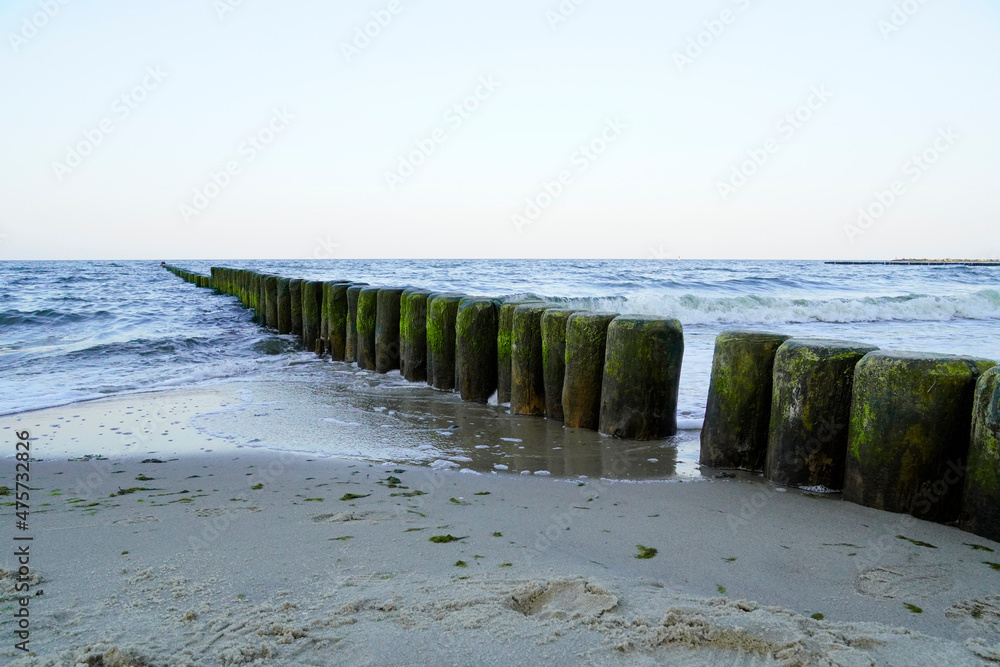 Baltic coast on Usedom with groynes made of wood. Baltic Sea in the evening.
