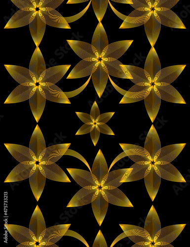 Golden wire frame flowers pattern vector on solid black color background