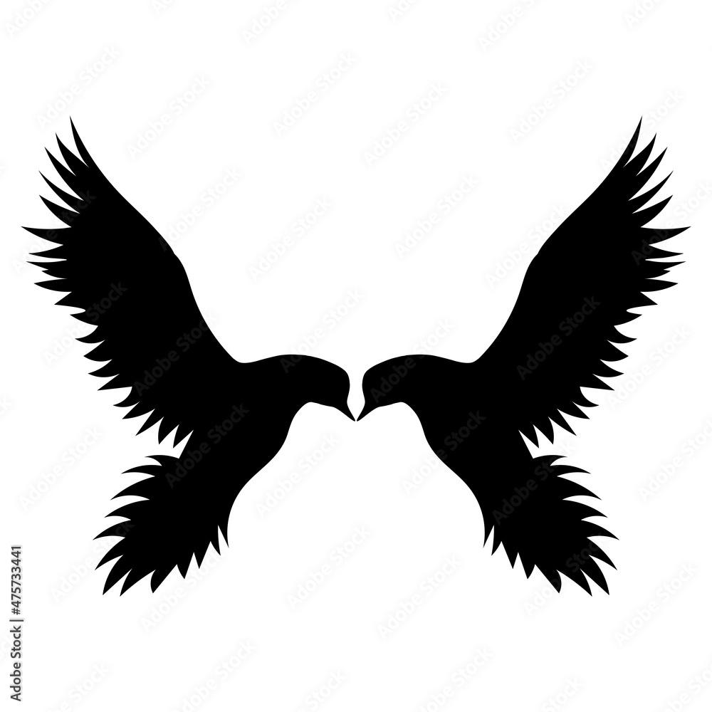 Fototapeta premium Flying soaring birds two pigeons doves black silhouette romance love