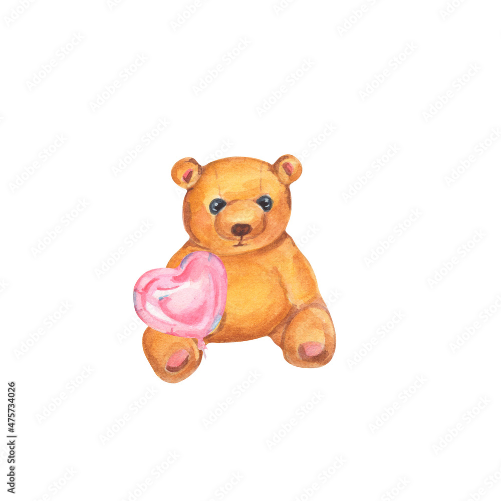 Obraz premium Watercolor bear with balloon heart. TEDDY BEAR. Sweet watercolor hand drawn illustration for children, kids, baby, girls. Girl childhood. Love and sweet. Sweet home. Nursery. Romantic