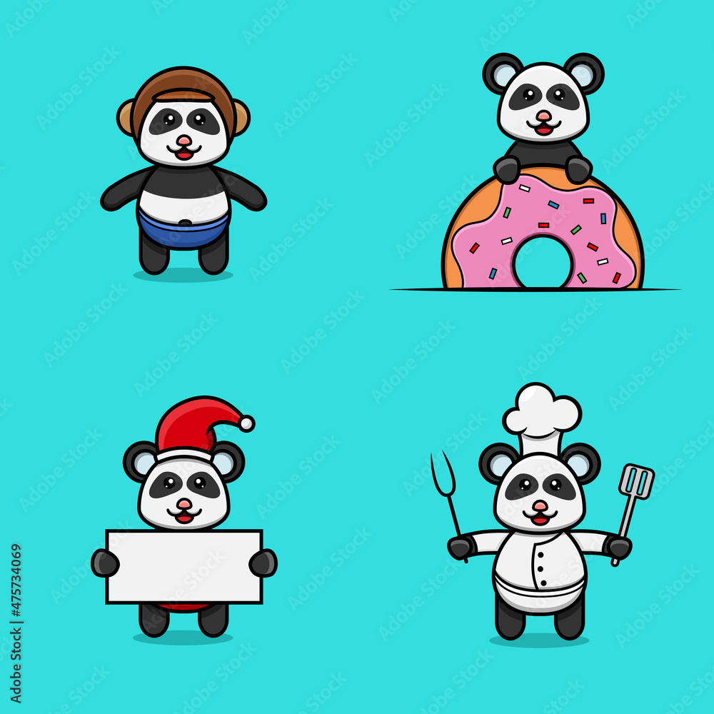 Set Of Cute Baby Panda Character With Various Poses. Wearing Helmet, on Donuts, christmas and chef. Set Of Cute Baby Panda Character With Various Poses. Wearing Helmet, on Donuts, christmas and chef.