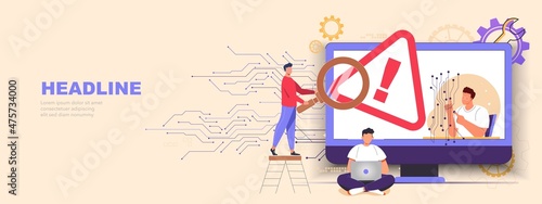 Remote client support helpline. Tiny people help customers online, employees fix issues, system administrator setup software, equipment. Operating system error warning flat vector illustration.