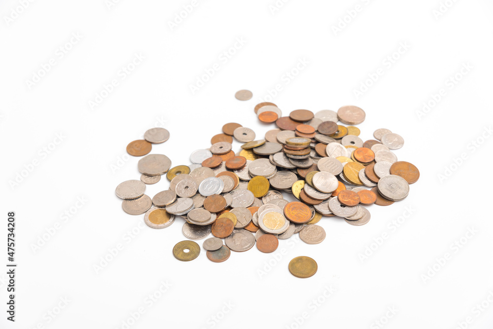 Many kind of coin country pile up on white background. Many kind of coin country pile up on white background.