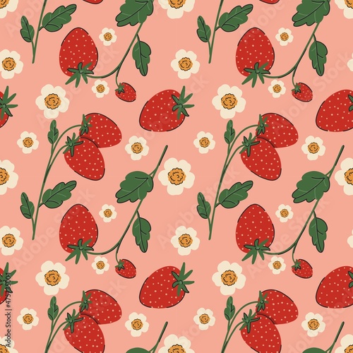 Strawberry flowers seamless vector pattern. Repeating background with summer fruit on pink. Use for fabric, gift wrap, packaging.