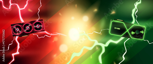 The confrontation of video cards. Amd vs nvidea. Red vs. green. Lightning and flash vector illustration