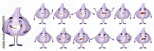 Seth is a cute garlic character with different emotions. A collection of cartoon characters-plants. Vector illustration of food products