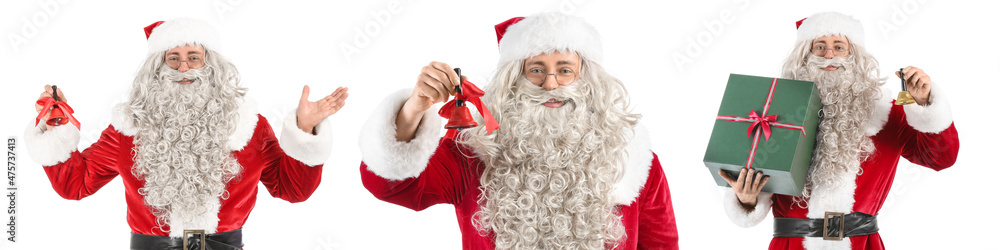 Collage of Santa Claus with Christmas bell and gift on white background Collage of Santa Claus with Christmas bell and gift on white background