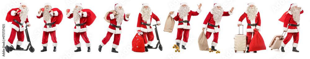 Santa Claus with bag and electric bike on white background Santa Claus with bag and electric bike on white background