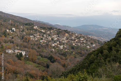 View of a traditional village with stone houses in Greece