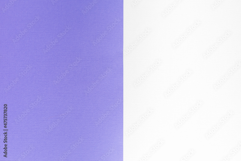 Fototapeta premium Two colored pieces of paper with a purple and white-gray overlay on the floor. they share half of the image. Double background, flat layout. High quality photo