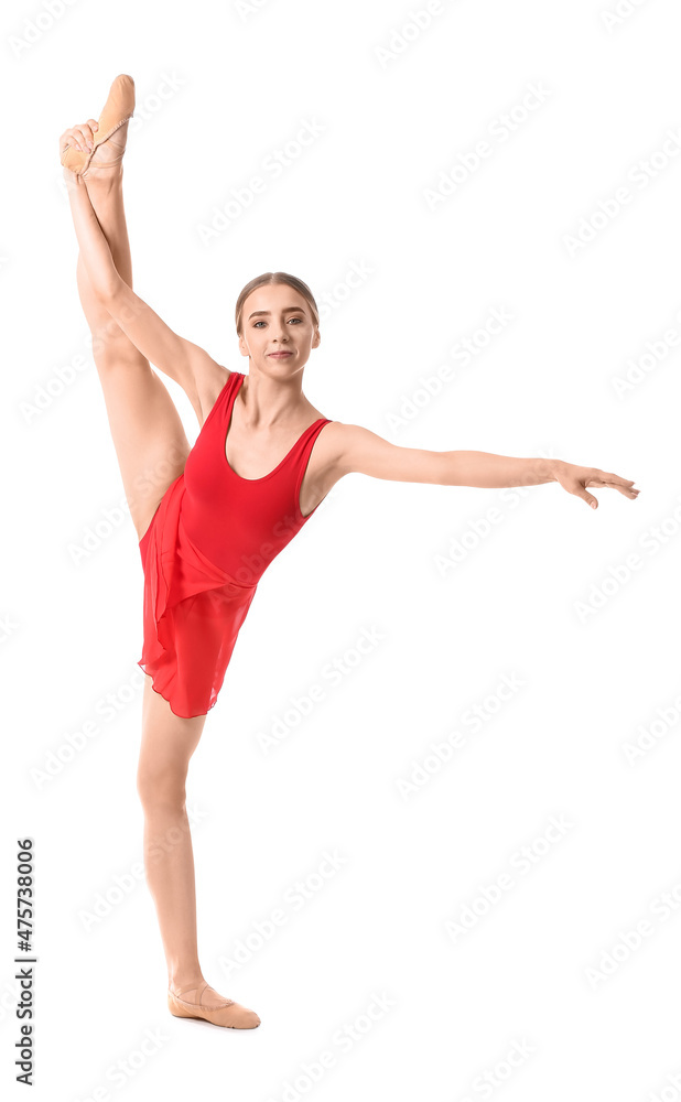 Beautiful young woman doing gymnastics on white background