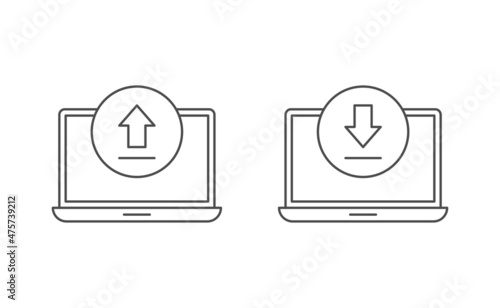 Laptop and upload download icon line vector design