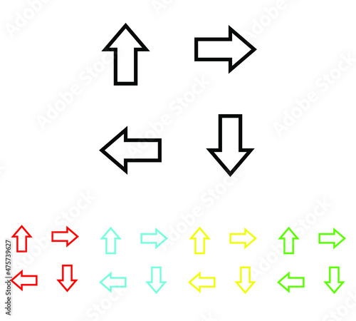 Arrows Vector collection, Arrows set elements in colored icons on white background. Cursor icon. Pointer icon. Back, Next web page sign. Vector illustration.
