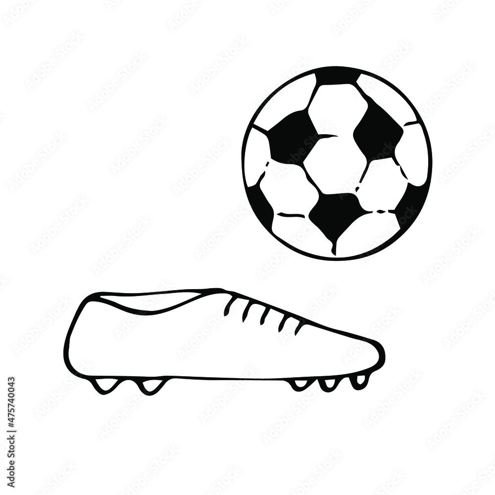 Football boot and ball vector illustration, hand drawing doodle Stock