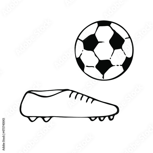 Football boot and ball vector illustration, hand drawing doodle